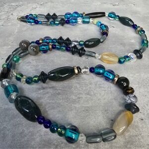 Artisan Mixed Glass Stone Bead Long Necklace Blue Teal Green Boho Statement 32in